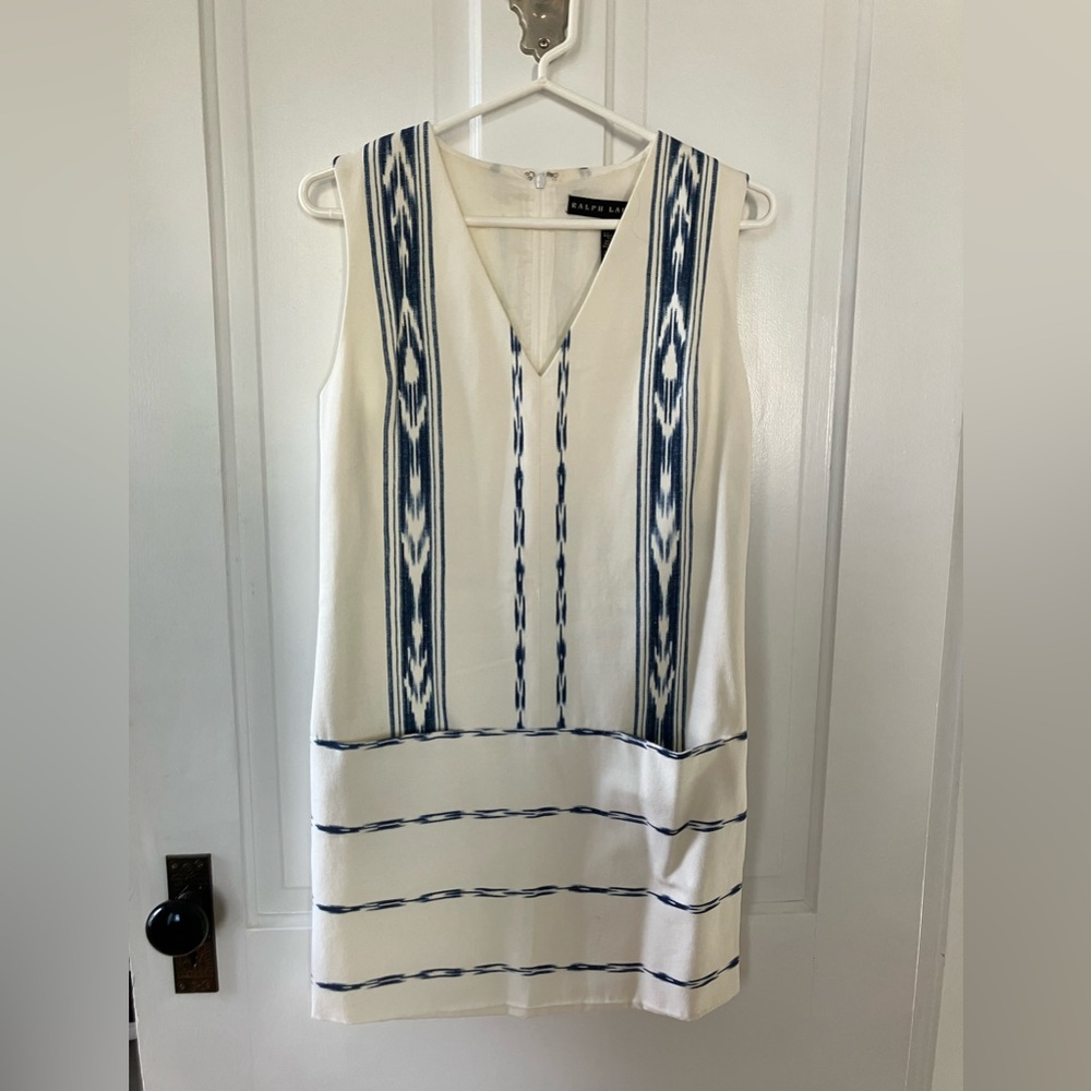 Ralph Lauren Black Label Ivory and Navy IKat Design Linen Dress size 2